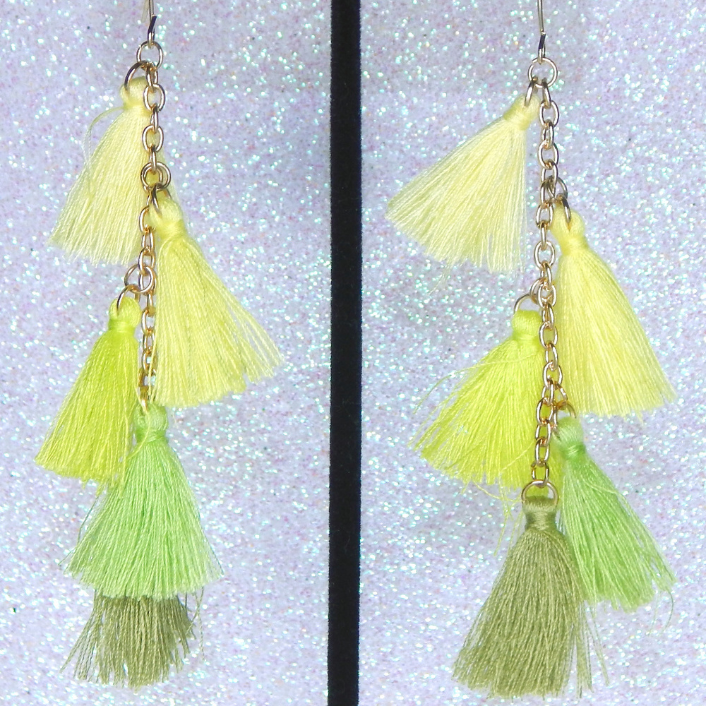 Yellow and Green Dangle Tassel Earrings